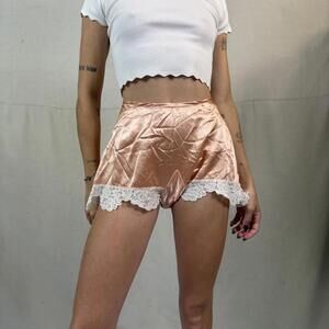 Vintage Peach Satin Lingerie lace trim Shorts 1970s